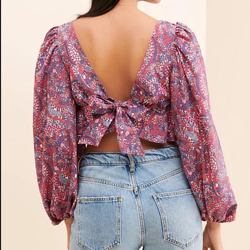 For Love & Lemons Tonya Crop Top Floral Print Balloon Sleeve Bow Tie XXS